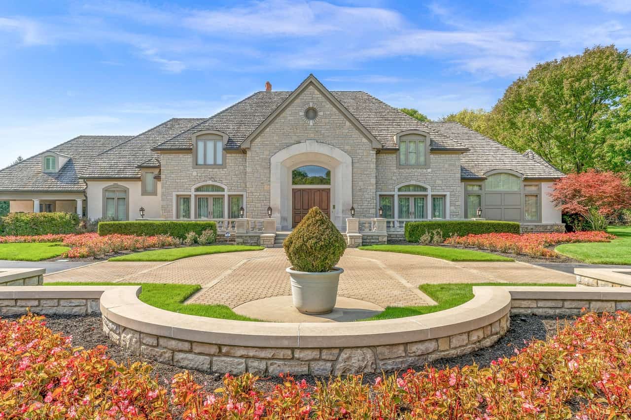 Front entry facade of Vivek Ramaswamy's 11,326 square foot brick Colonial Revival home in Upper Arlington, Ohio.