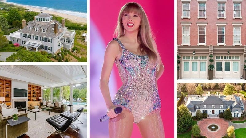 Collage of Travis Kelce's residences including a coastal mansion, modern living room, and Taylor Swift performing
