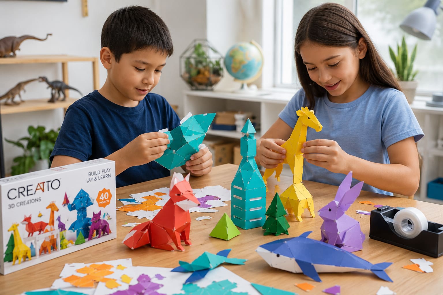 Children Assembling Colorful 3D Geometric Paper Animals and Towers in Educational STEM Craft Activity