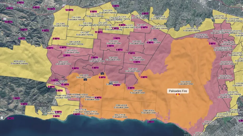 Los Angeles wildfire evacuation map and canyon residential risk zones