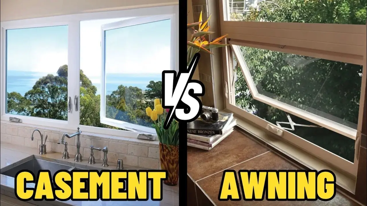 A side-by-side product display showcasing the operational configurations of a premium casement window, a large fixed picture window, and a top-hinged awning window.