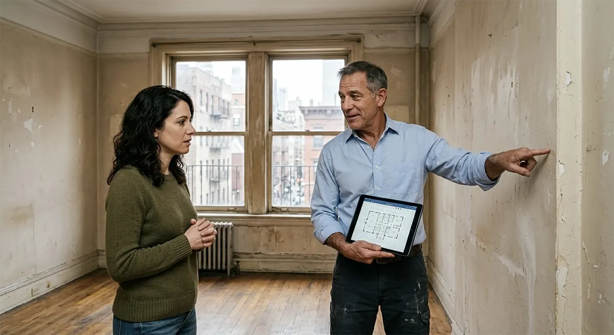 A male contractor or architect holding a digital tablet with floor plans, discussing structural details and pointing at an old plaster wall while consulting with a female homeowner in an empty, unrenovated NYC apartment