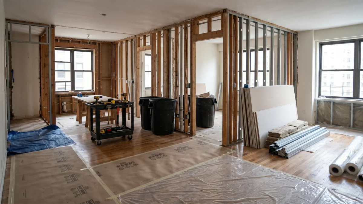 An apartment renovation in progress showing the framing stage, with exposed metal and wood studs replacing demolished walls, large black trash bins, stacks of drywall, and a temporary workbench in the center