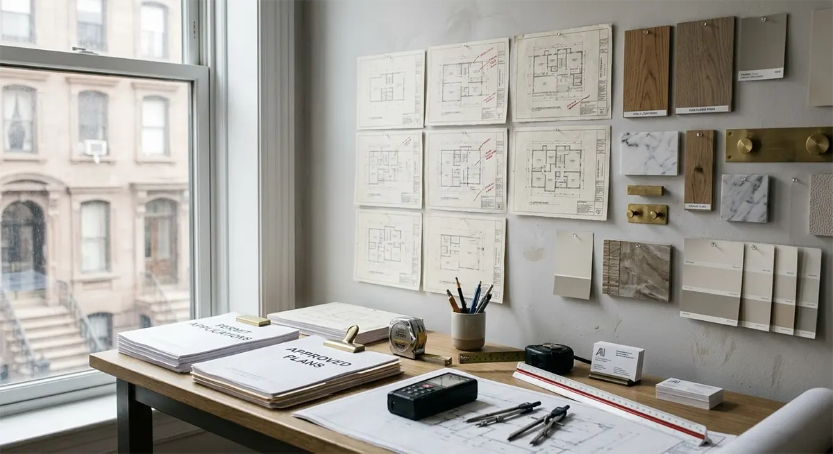 A neat workspace near a window displaying the meticulous planning phase of a condo renovation, with approved plans stacked on the desk and material swatches, wood samples, and architectural sketches pinned to the wall