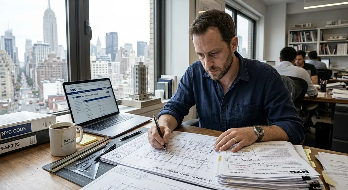 A focused male architect sitting at a desk with a view of the Empire State Building, actively reviewing blueprints and filling out NYC Department of Buildings permit application forms next to his laptop