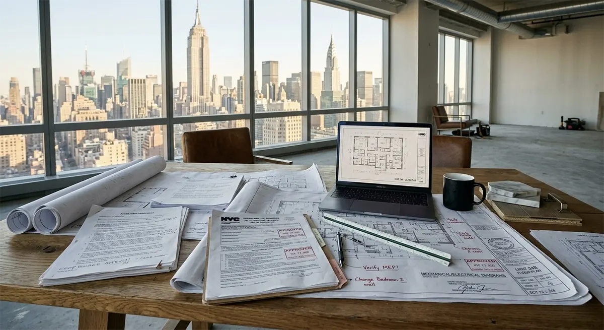 A large wooden table in an empty luxury high-rise apartment overlooking the Manhattan skyline, covered with architectural blueprints, a laptop showing floor plans, and official NYC DOB permit applications