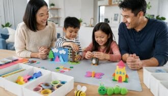 Family enjoying inventive LWMFCrafts projects using paper sculptures, EVA foam, and air-dry clay in a clean, mess-free crafting space.