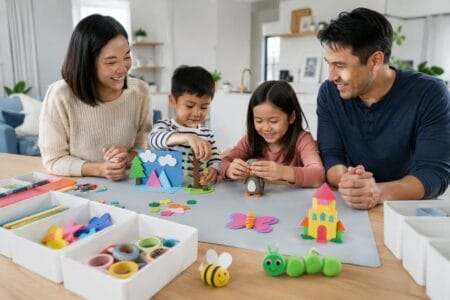 Family enjoying inventive LWMFCrafts projects using paper sculptures, EVA foam, and air-dry clay in a clean, mess-free crafting space.