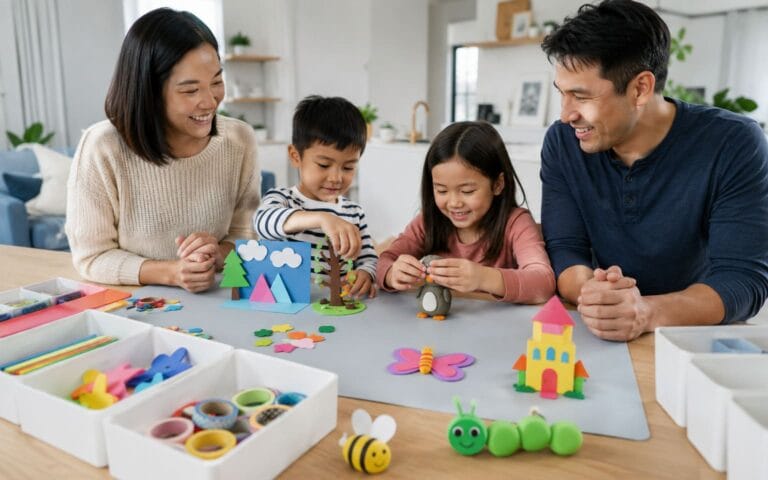 Family enjoying inventive LWMFCrafts projects using paper sculptures, EVA foam, and air-dry clay in a clean, mess-free crafting space.