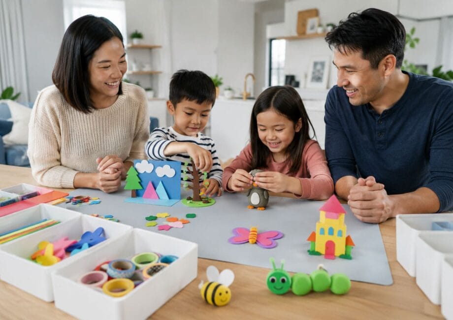 Family enjoying inventive LWMFCrafts projects using paper sculptures, EVA foam, and air-dry clay in a clean, mess-free crafting space.