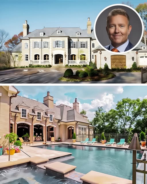 Exterior front and back views of Kirk Herbstreit's Nashville-area mansion, featuring a grand circular driveway and a luxury backyard swimming pool.