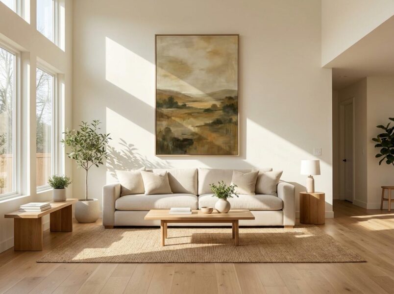 A carefully scaled vertical canvas sits above a sofa, drawing the eye upward and visually lifting the ceiling height