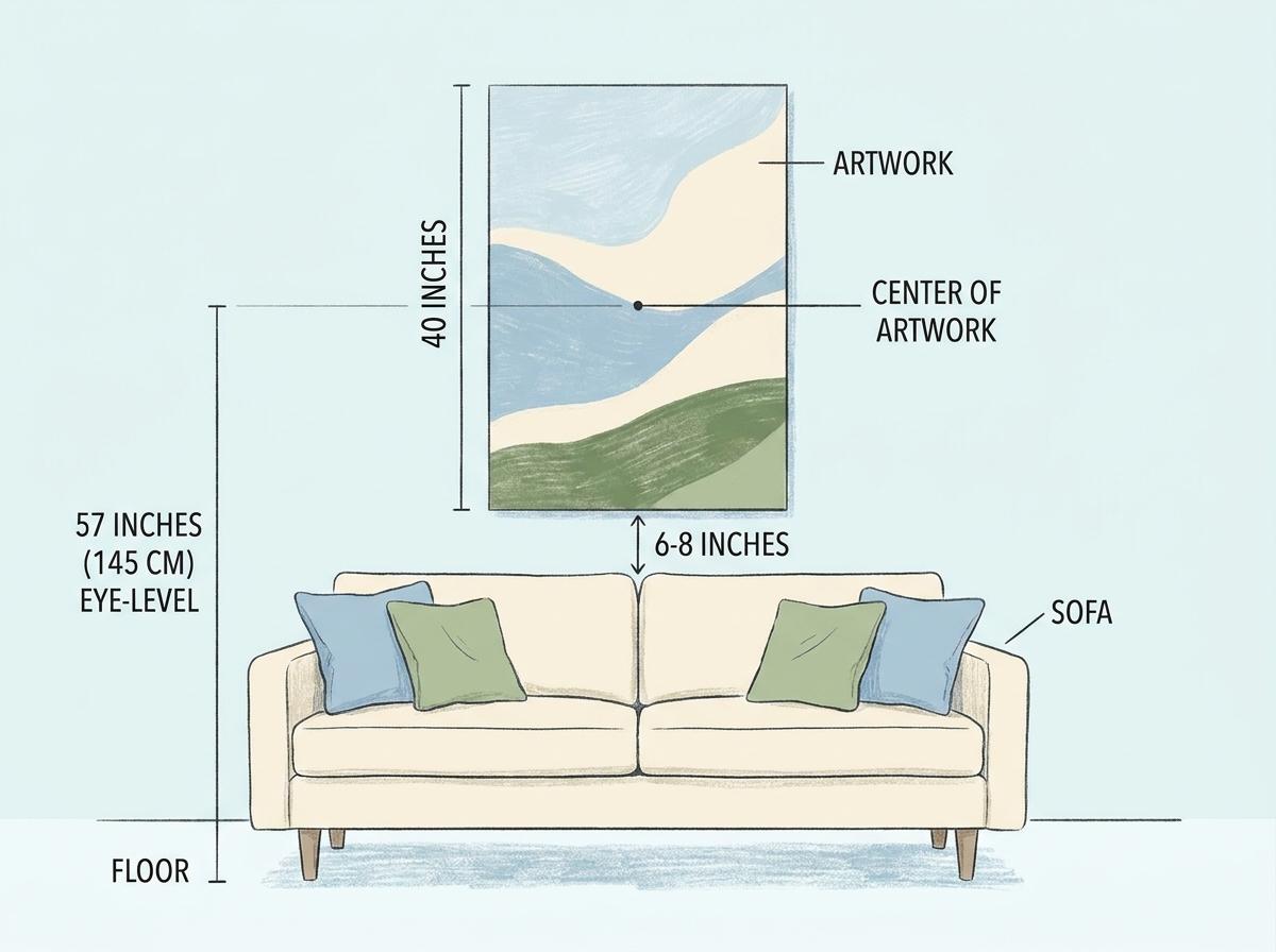 The museum-standard 57-inch rule places artwork at natural eye level, with 15-30 cm of clearance above furniture for balanced proportions