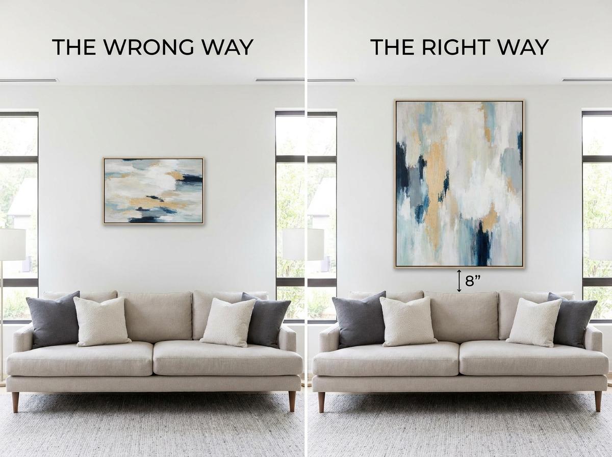 Undersized art hung too high is the most common mistake interior designers correct. A properly scaled vertical piece creates an intentional, finished look