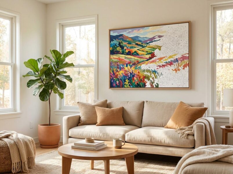 A bright living room interior with a framed custom paint-by-numbers canvas as the primary wall art piece