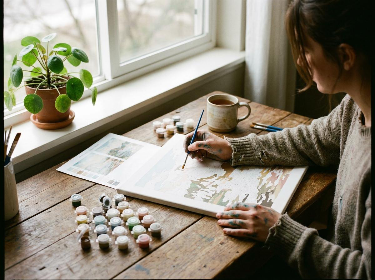 A person painting at a home desk with natural light, a houseplant, and decor items visible in the background