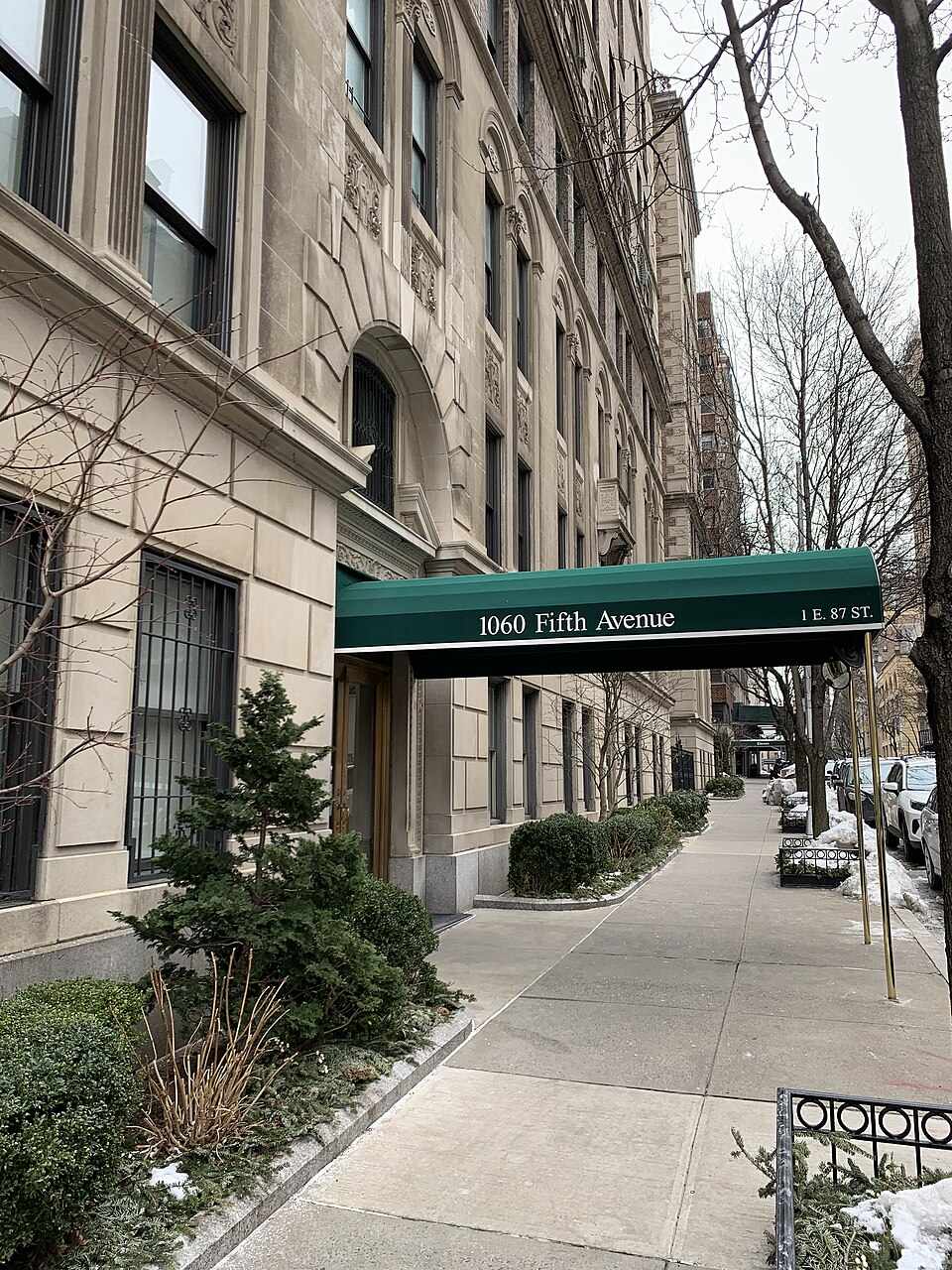 A stone building with a green awning reading 1060 Fifth Avenue lines a sidewalk, flanked by bare trees, parked cars, and small shrubs.