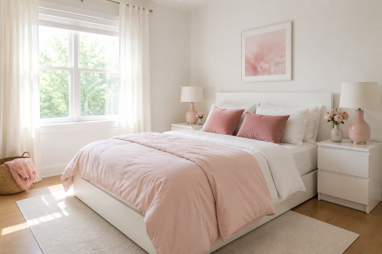 Design 1: A crisp white base warmed with blush bedding, rose cushions, and pale-pink lamps.