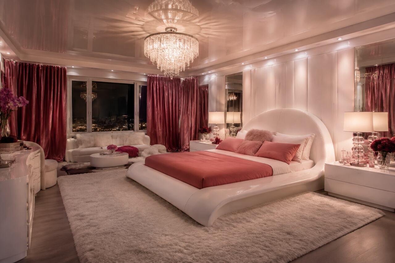Design 10: Sculptural white furniture and reflective surfaces balance a dramatic pink suite.