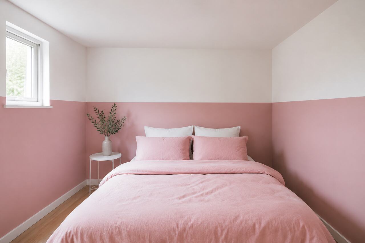 Design 11: Pink on the lower wall and white above visually stretches a compact, low-ceiling room.