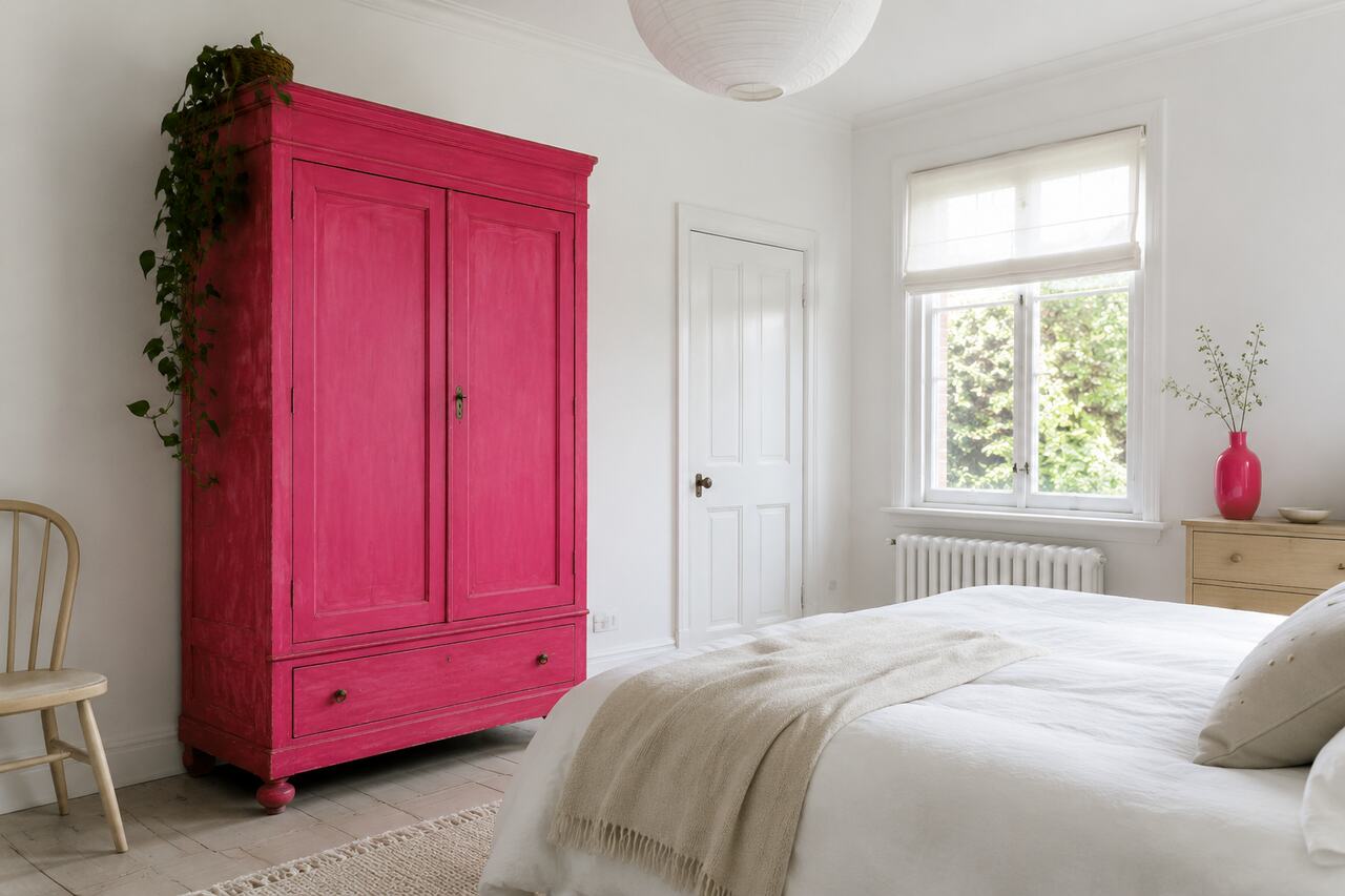 Design 12: One upcycled hot-pink wardrobe becomes the focal point in an otherwise white room.