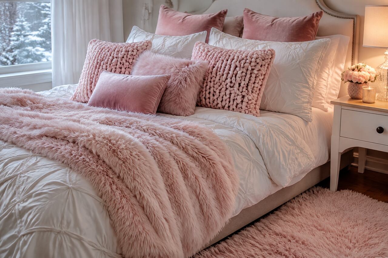 Design 13: Faux fur, shag, velvet, knit, and smooth cotton build a visibly cozy bed.
