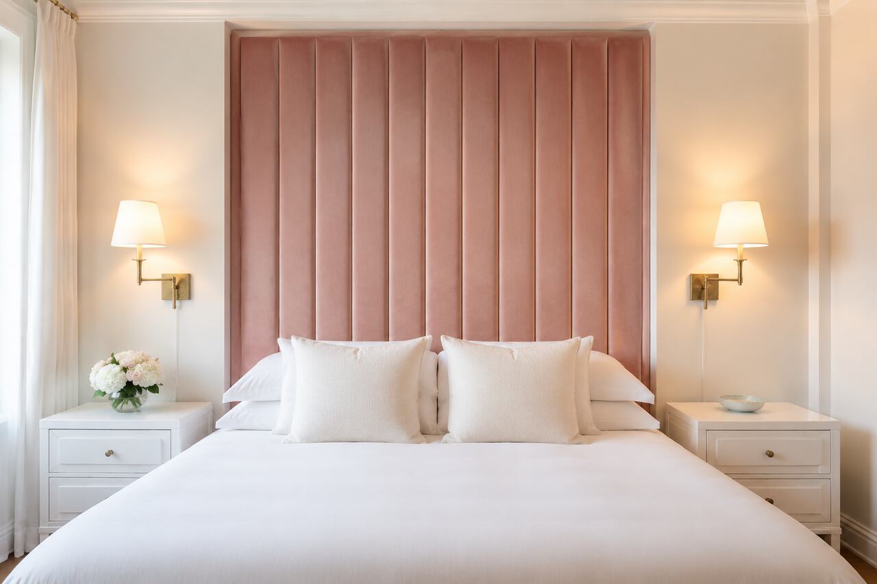 Design 14: A tall channel-tufted headboard and symmetrical brass sconces create hotel polish.