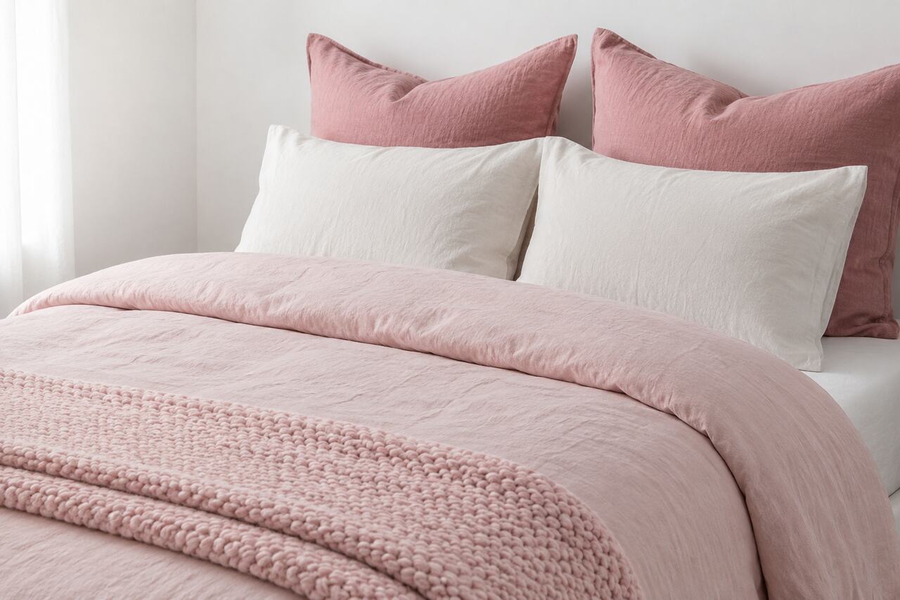 Design 15: Light blush, deeper rose, ivory, and chunky knit show a clear bedding-layer sequence.