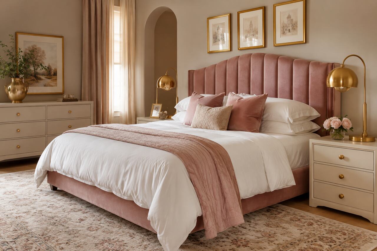 Design 16: Repeating brass in frames, lighting, and hardware unifies dusty-rose velvet and cream.