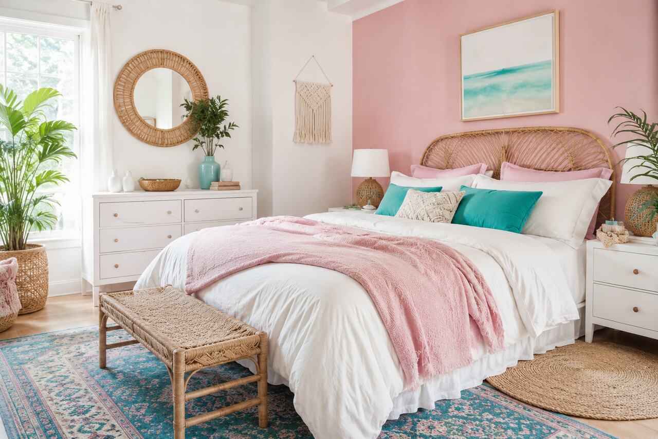 Design 17: White connects blush and turquoise while rattan and woven textures soften the contrast.