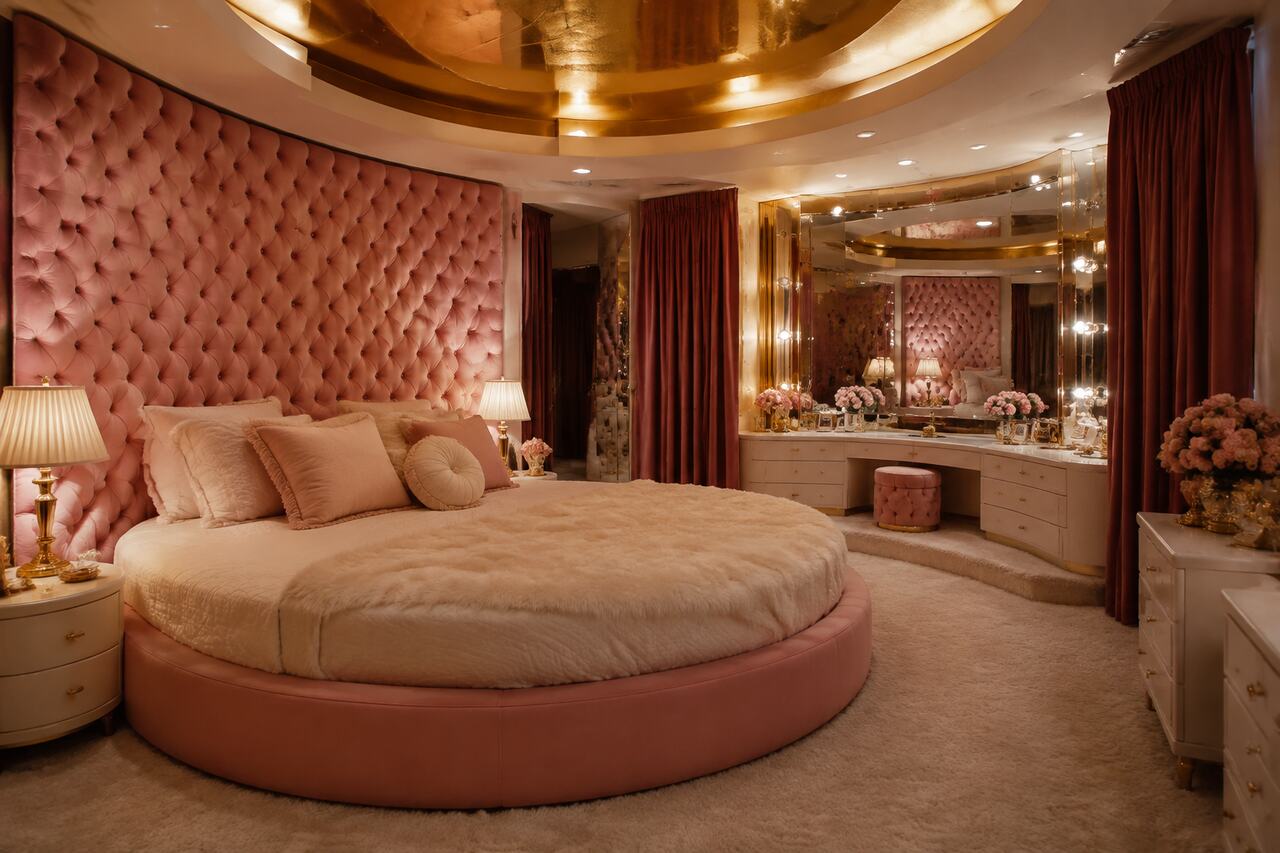 Design 18: A round bed, curved tufting, mirrored furniture, and gold deliver retro Hollywood glamour.
