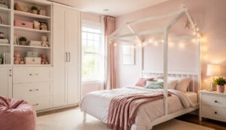 Design 19: Adaptable white storage and furniture keep a pastel room practical as a child grows.