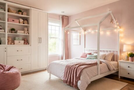 Design 19: Adaptable white storage and furniture keep a pastel room practical as a child grows.