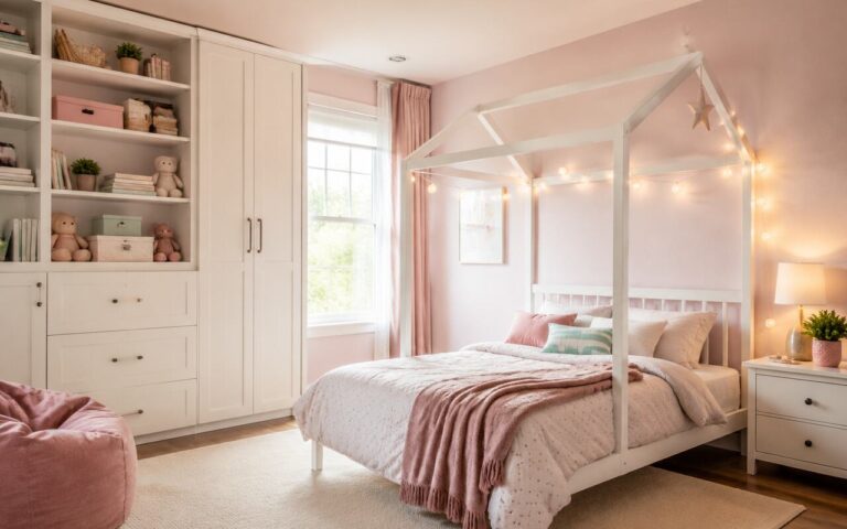 Design 19: Adaptable white storage and furniture keep a pastel room practical as a child grows.
