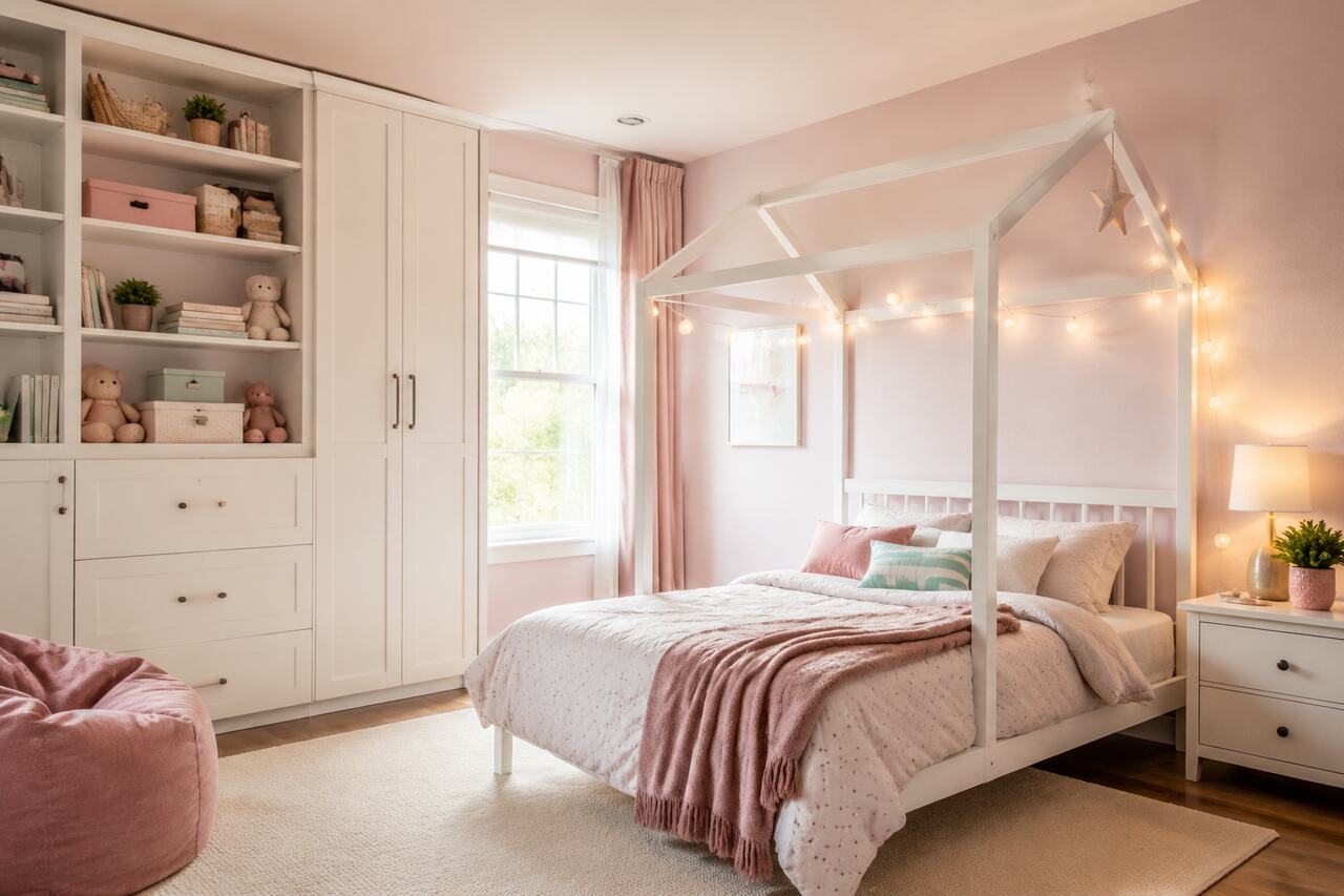 Design 19: Adaptable white storage and furniture keep a pastel room practical as a child grows.