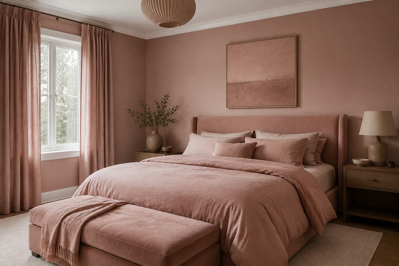 Design 2: One earthy blush tone repeated across walls, upholstery, curtains, and bedding.