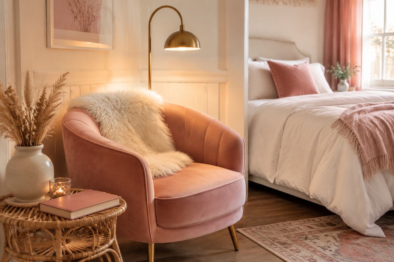 Design 20: A blush chair, white faux-sheepskin, rattan table, and warm lamp define a reading retreat.