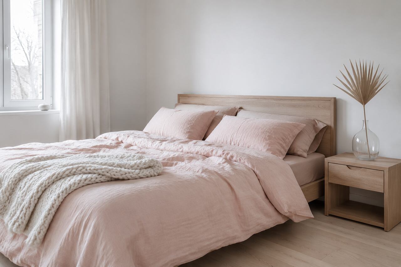 Design 3: Scandinavian restraint through pale oak, white walls, blush linen, and one chunky knit.
