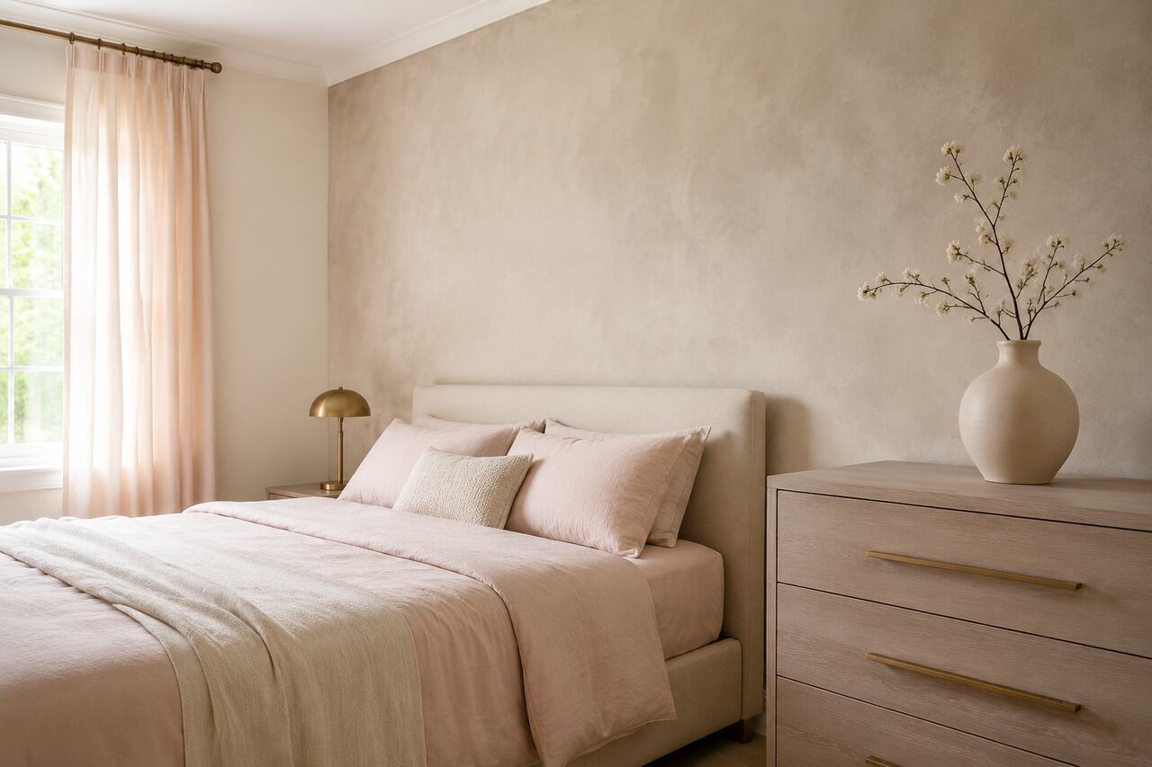 Design 4: Barely-there blush textiles against warm white, plaster texture, and restrained brass.