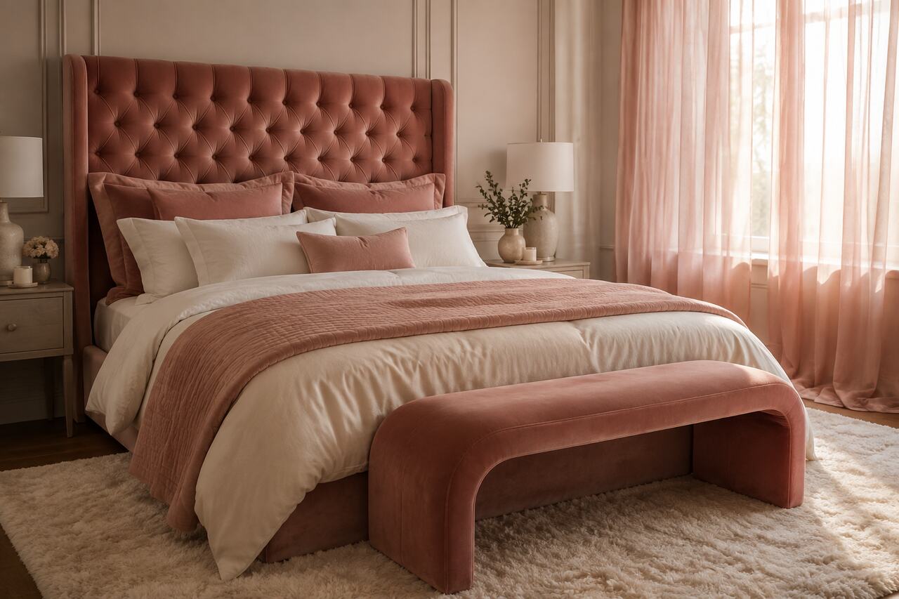 Design 5: Dusty-rose velvet adds tactile depth while ivory bedding keeps the room light.