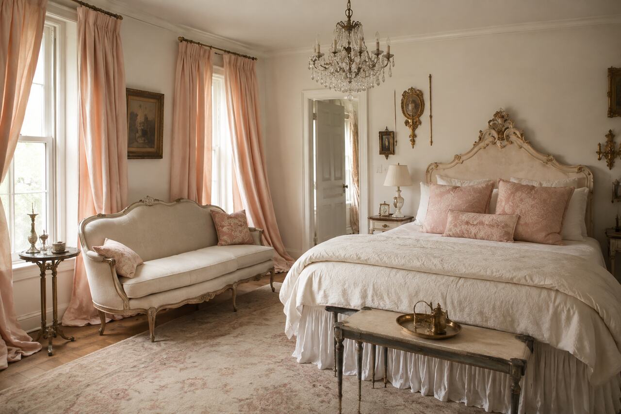 Design 6: Peach drapery, cream upholstery, crystal, and aged gold create vintage softness.