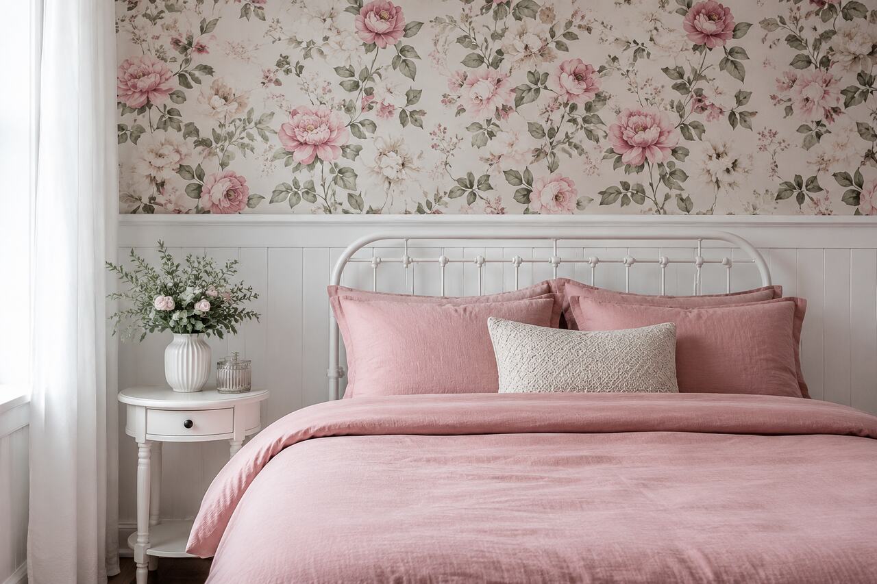 Design 7: Floral wallpaper and white wainscoting are tied together by solid blush bedding.