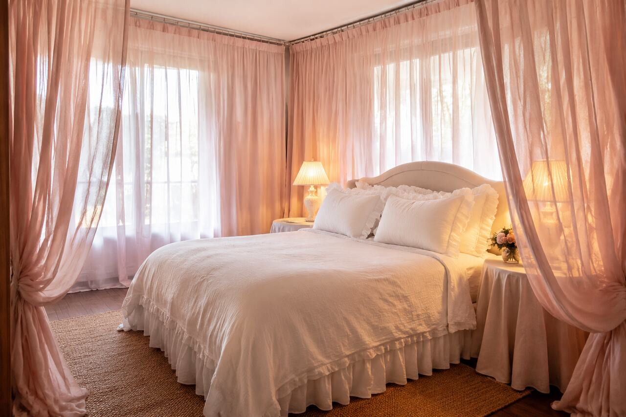 Design 8: Floor-to-ceiling blush sheers filter warm light around a white layered bed.