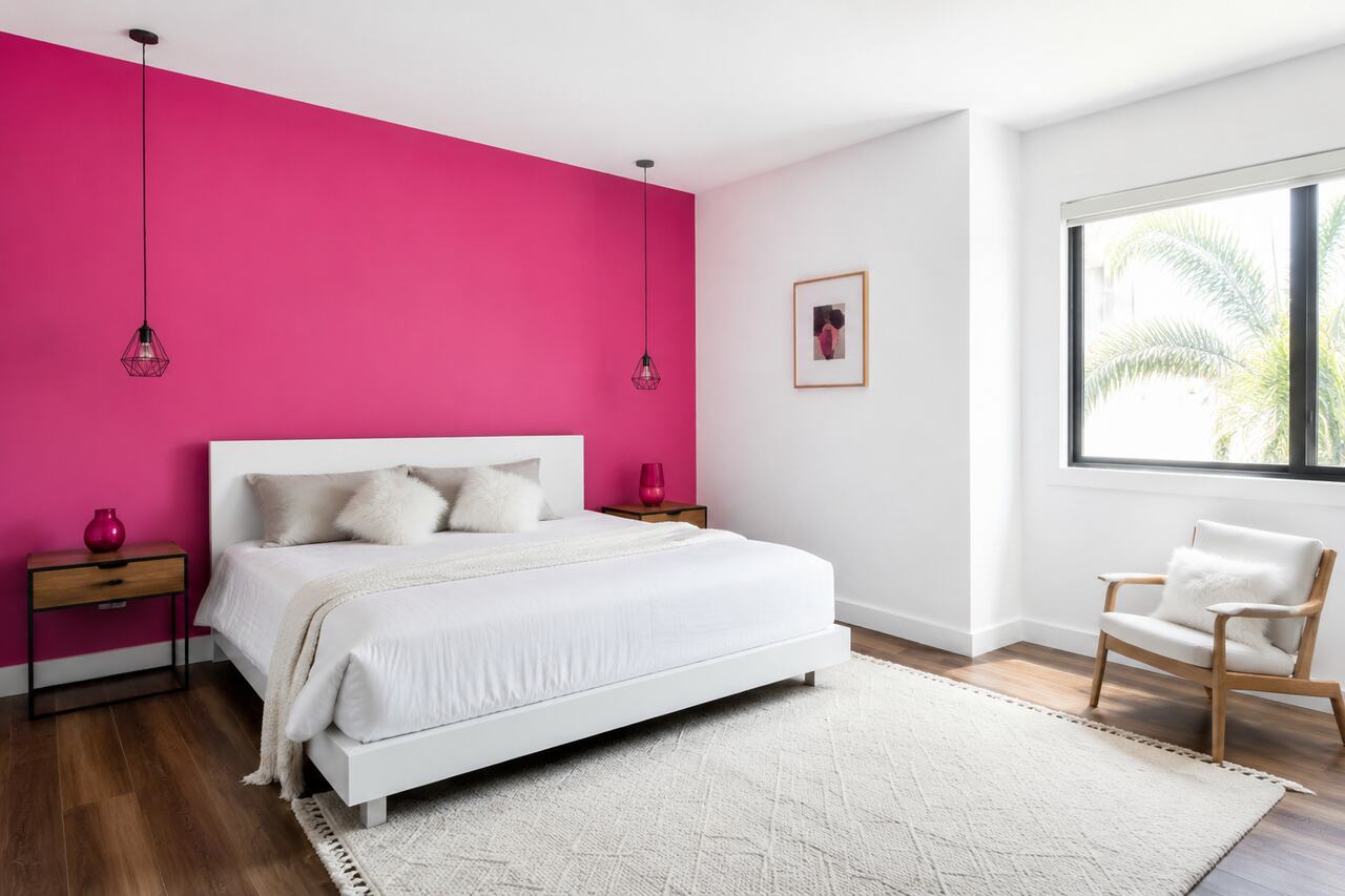 Design 9: A single raspberry accent wall gives a white room a controlled, modern focal point.