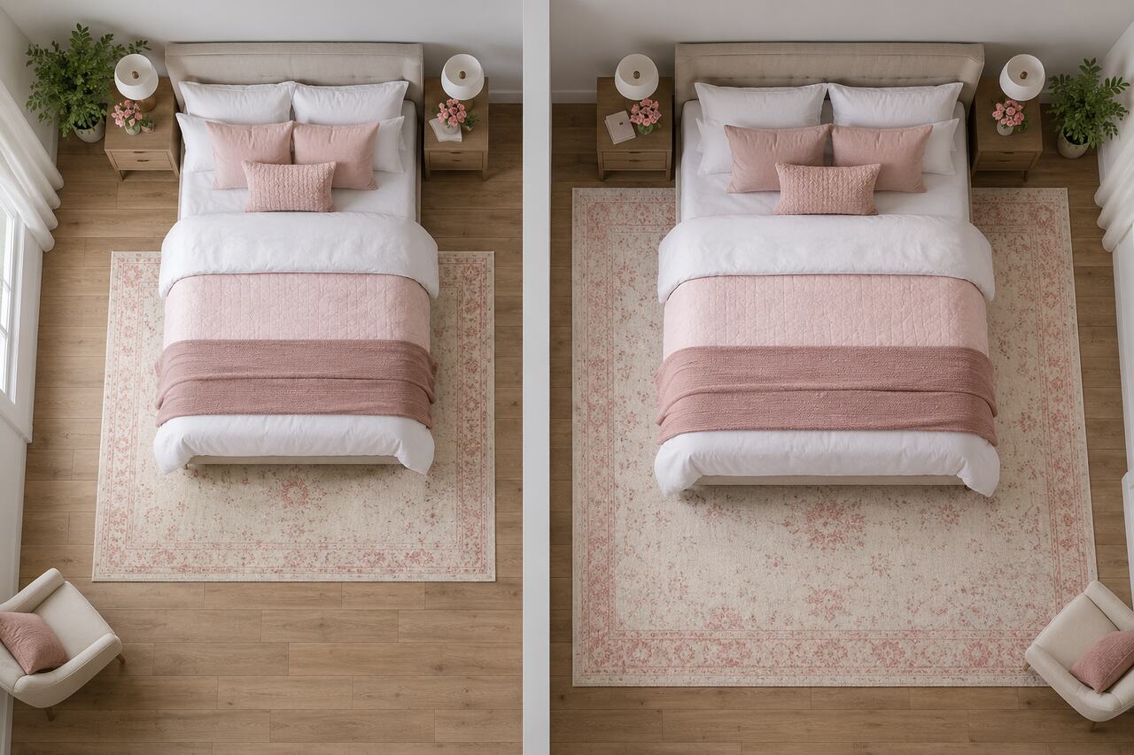 Rug placement: use 8 x 10 feet for a queen bed and 9 x 12 feet for a king, leaving visible coverage at the sides and foot.