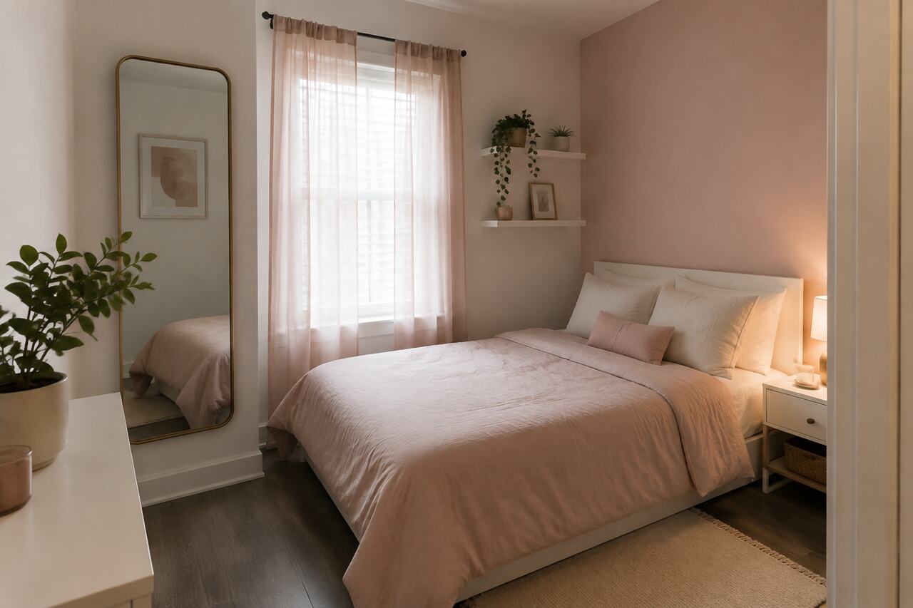 Small-space strategy: warm white surfaces, one blush accent wall, sheer textiles, and a mirror return limited daylight.