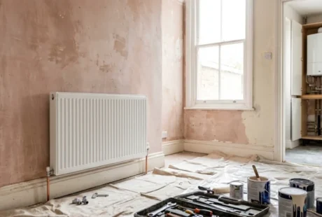 lf-renovated period living room with a new radiator being fitted and a white combi boiler in a kitchen cupboard.