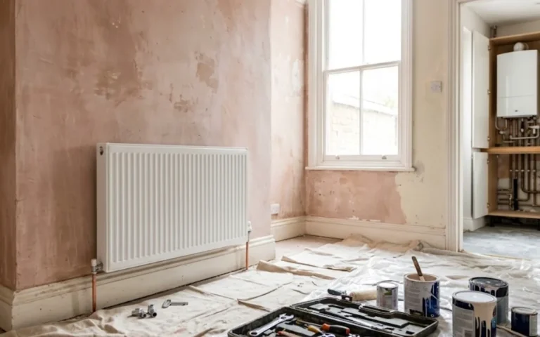 lf-renovated period living room with a new radiator being fitted and a white combi boiler in a kitchen cupboard.